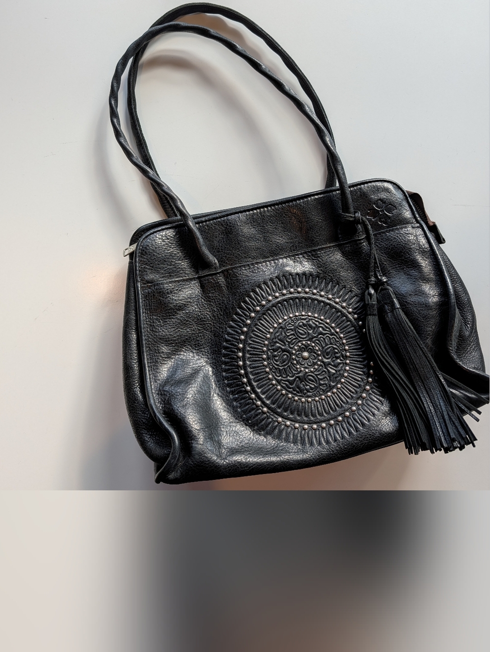 Patricia Nash Paris Tooled Studded Black Leather Shoulder Bag